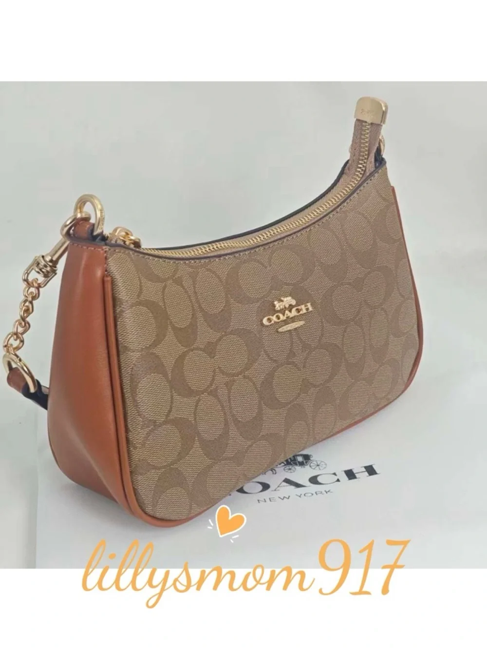Coach Brown Signature Logo Crescent Shoulder Bag with Gold Hardware
